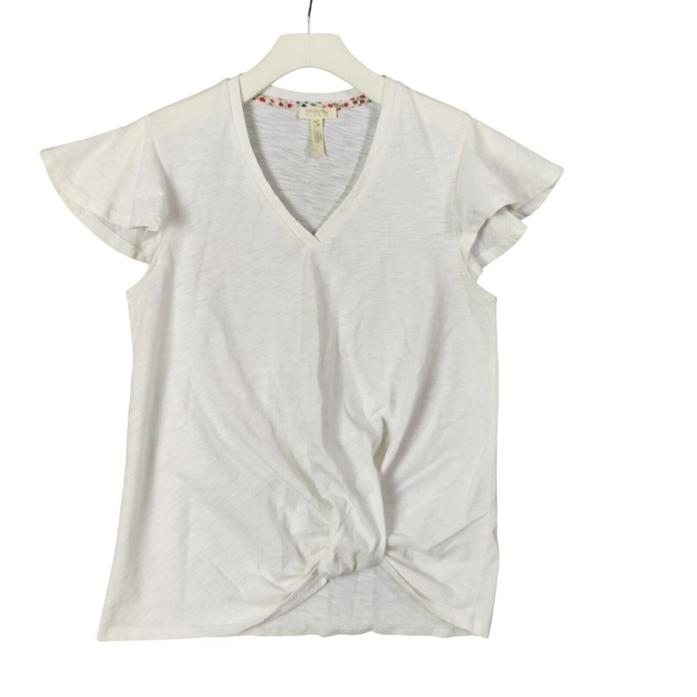 Matilda Jane x Joanna Gaines Knot-Front Ruffle Sleeve V-Neck Top White Womens XS